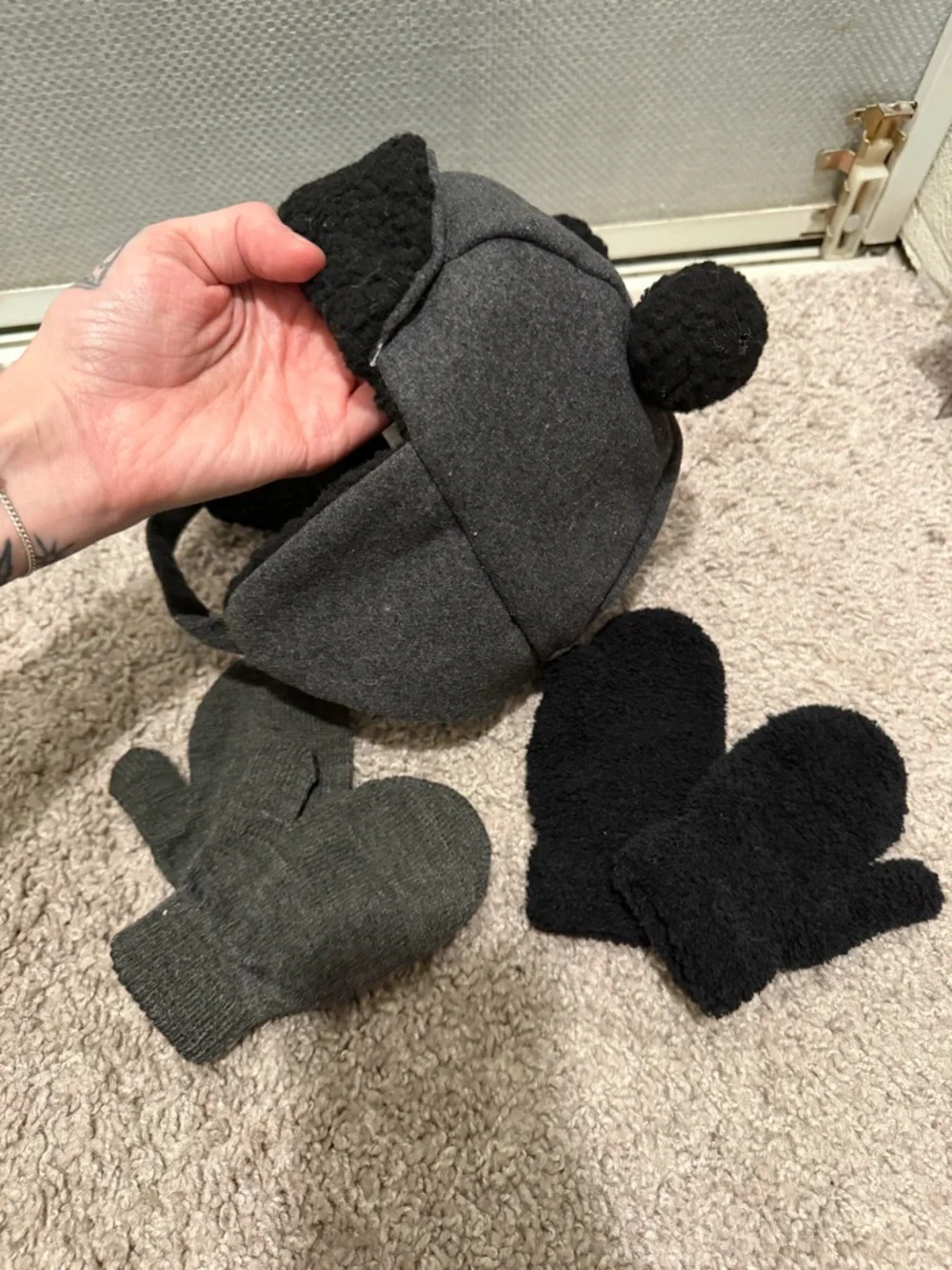 Grey & Black Pom Pom Earflap Hat with Matching Mittens- 12-24 month- like new